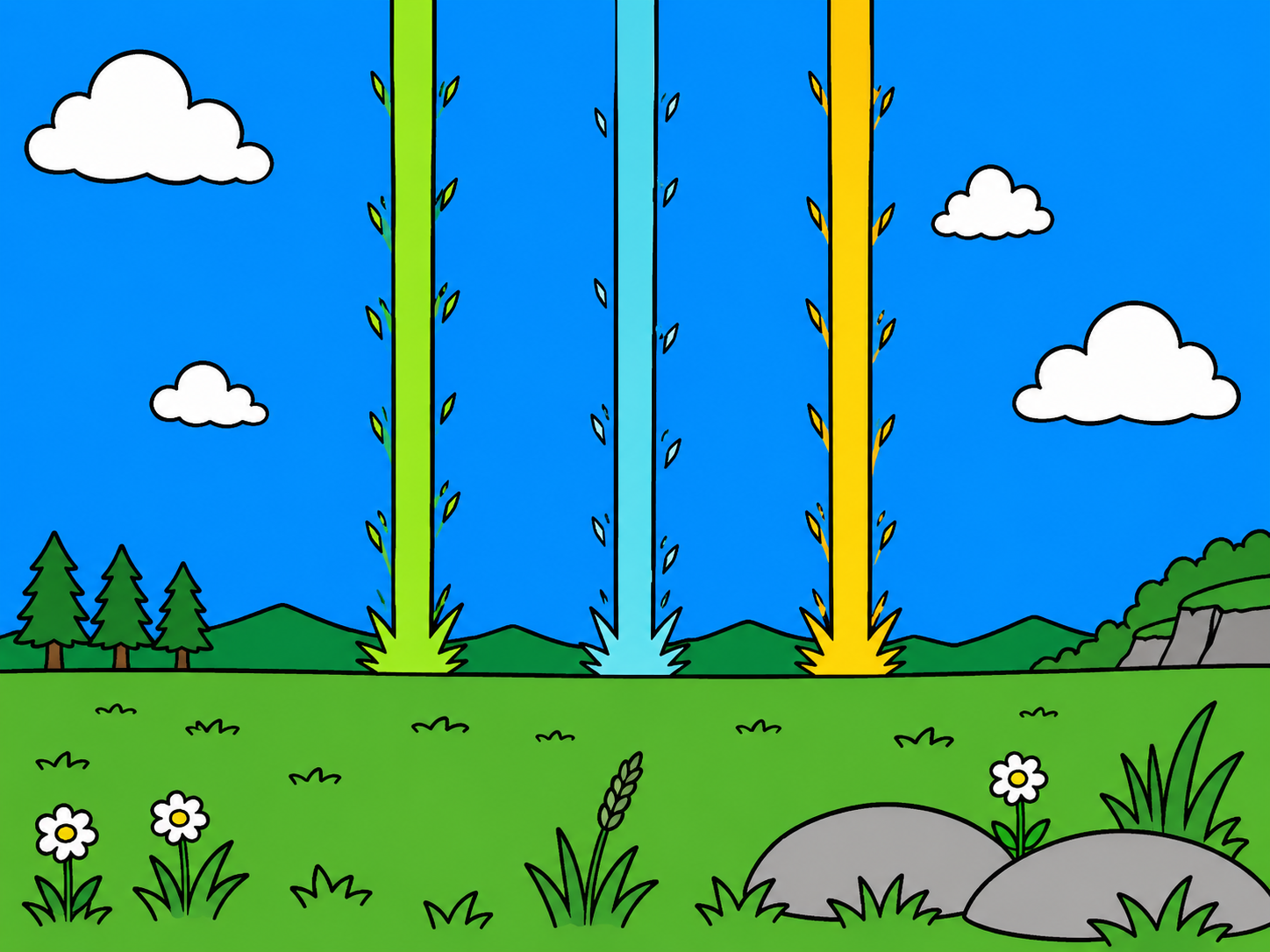 Sky beams over a green field